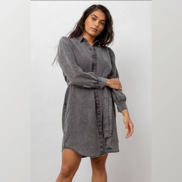 AVEC LES FILLES Denim Button Up Shirt Dress Belted Collared Gray Acid Wash Sz S - Picture 3 of 11